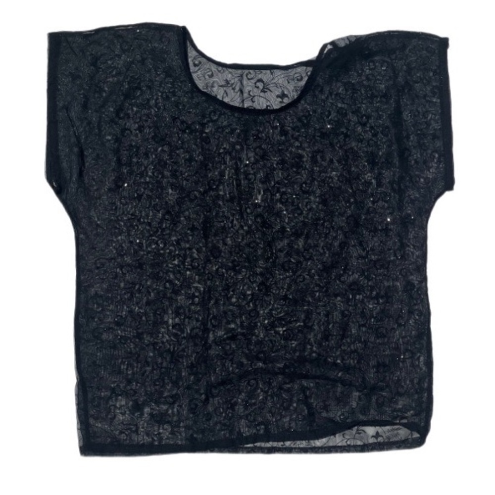 All black size L/XL floral stitched sparkly short sleeve black blouse